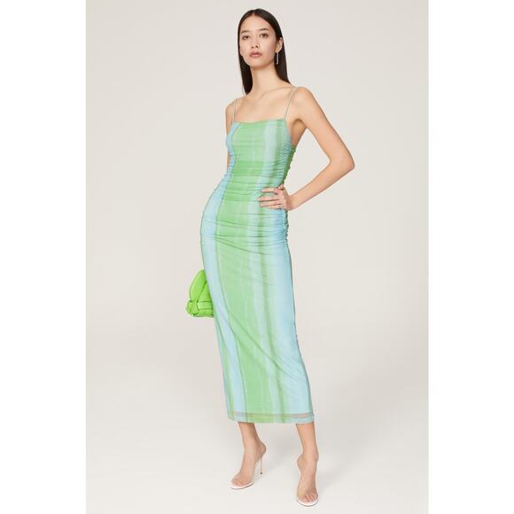 SIGNIFICANT OTHER Green Striped Mesh Square Neck Bodycon Verona Dress Size US 6 - Picture 1 of 14